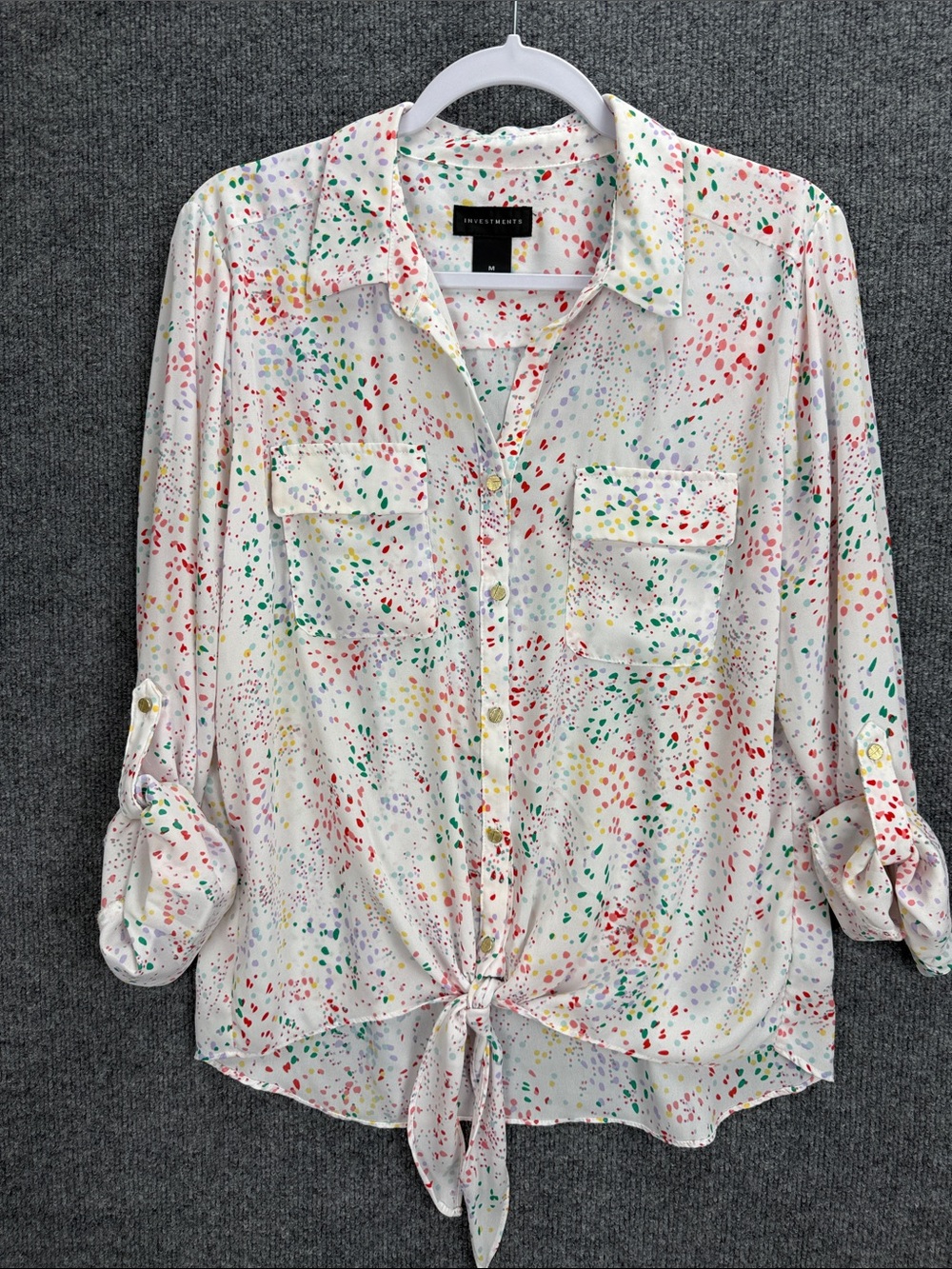 Investments White Multicolor Speckle Tie-Front Button-Down Shirt Medium